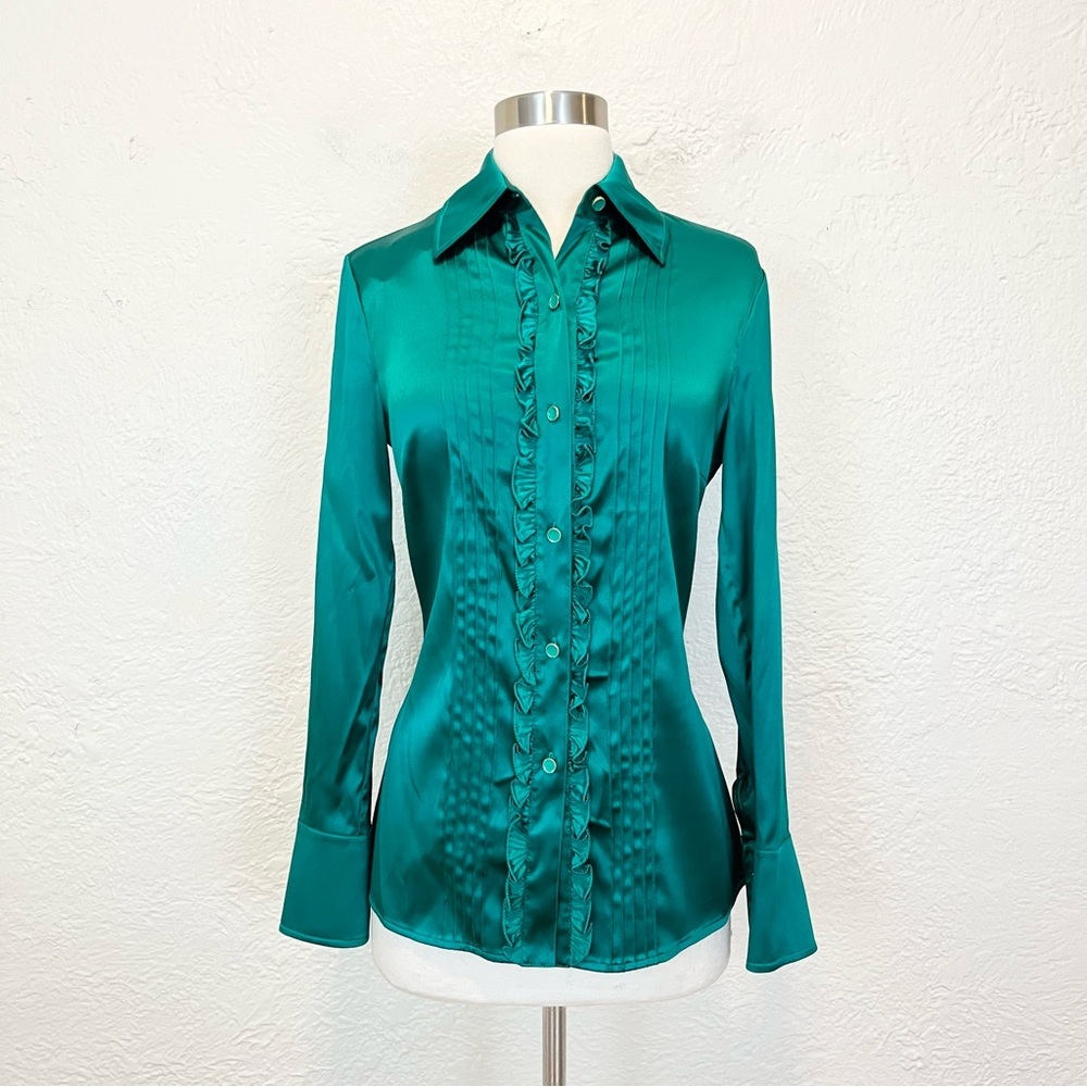 Trina Turk Blouse Top Emerald Green Silk Satin Ruffle Pintuck Small S